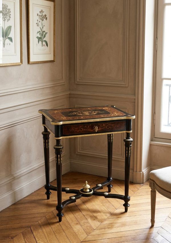 Table à ouvrage ancienne napoléon III, antiquité miroir luxe marqueterie noir et doré, travailleuse disponible en Dordogne, ébéniste Atelier Seigneur