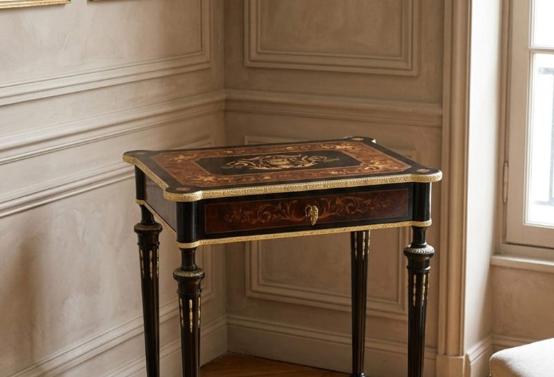 Table à ouvrage ancienne napoléon III, antiquité miroir luxe marqueterie noir et doré, travailleuse disponible en Dordogne, ébéniste Atelier Seigneur VENDU